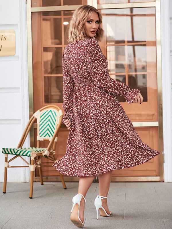 Ditsy Floral Print Shirred Waist Dress