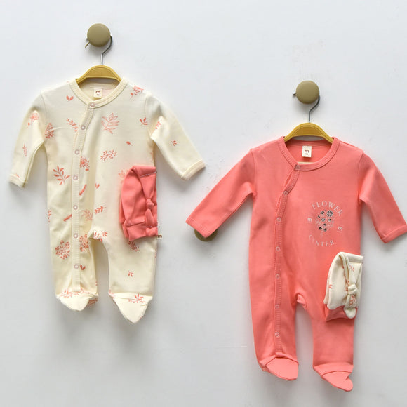 2-PIECE OVERALLS +2 HAT set 0-3m flower