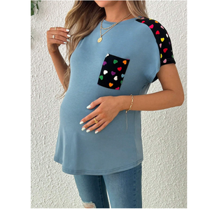 Maternity Love Heart Print Color Block Pocket T-Shirt