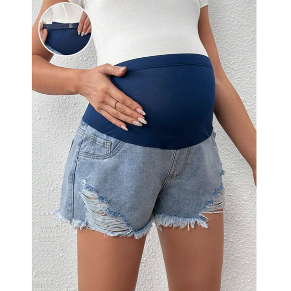 Maternity Adjustable Waist Ripped Denim Shorts