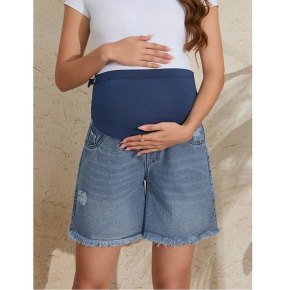 Maternity Adjustable Waist Ripped Washed Denim Shorts